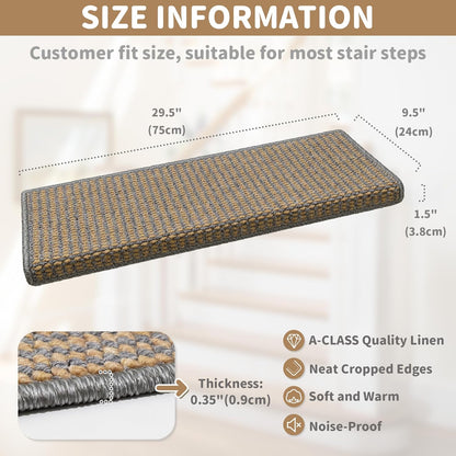 Brakki Bullnose Carpet Stair Treads, Non Slip Stair Treads for Wooden Steps Indoor, Stair Runner, Soft Stair Rugs, Edging Stair Protectors, Washable, 29.5"x9.5"x1.5" 14pcs, Beige
