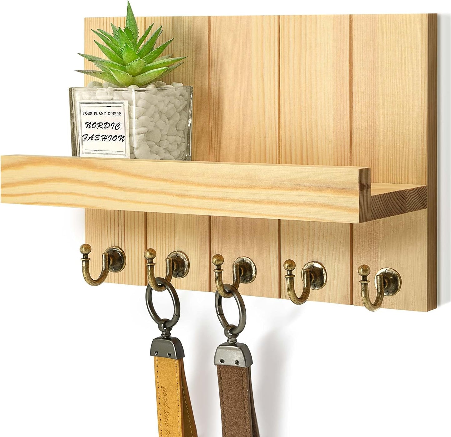 Rebee Vision Decorative Key Holder Wall Mount - Rustic Key Holder for Wall with Shelf and Mail Organizer for Living Room Decor - Home Essentials for Home Improvement (Brown, 3.54" x 10" x 7.28")