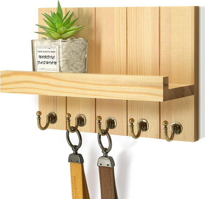 Rebee Vision Decorative Key Holder Wall Mount - Rustic Key Holder for Wall with Shelf and Mail Organizer for Living Room Decor - Home Essentials for Home Improvement (Brown, 3.54" x 10" x 7.28")