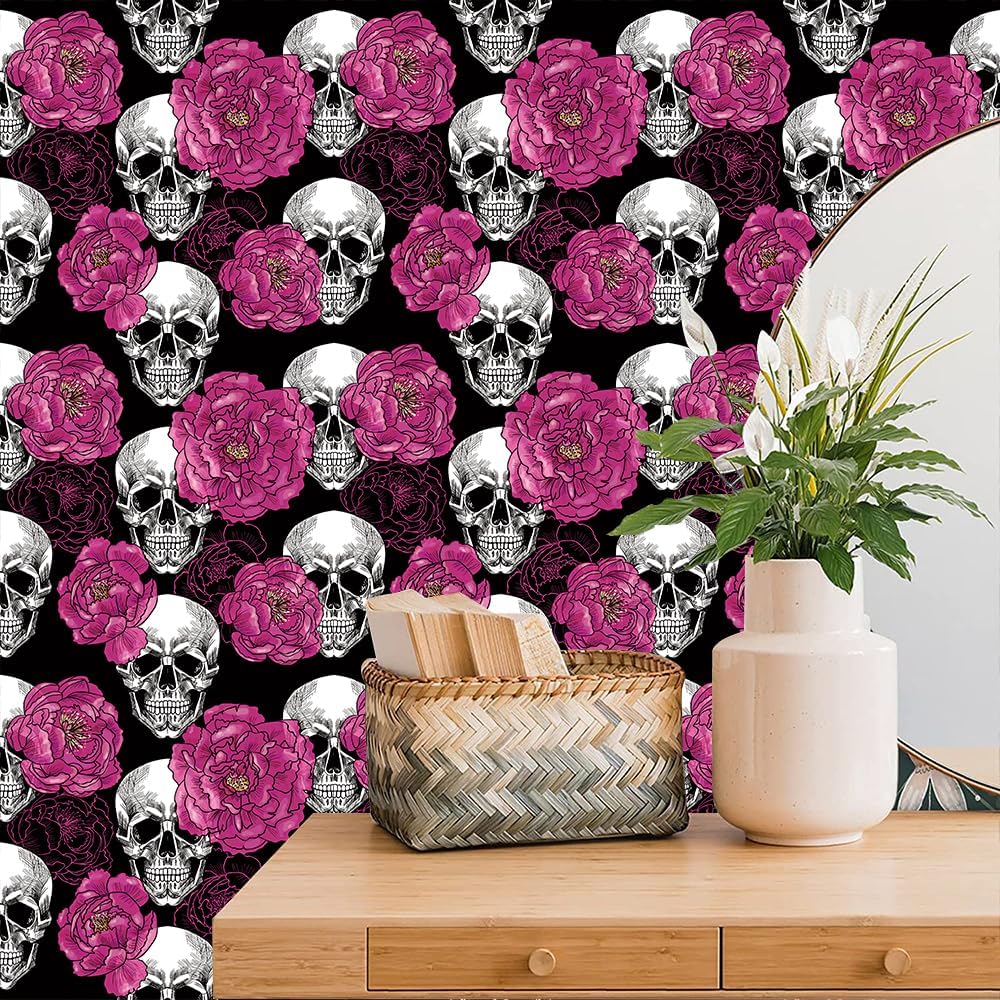 Floral Peel & Stick Wallpaper - Boho Removable Wallpaper for Bedroom & Bathroom - Black/Sand/Oliva - Easy Peel Off - Vintage - Renter Friendly - 118.1" X 17.7"