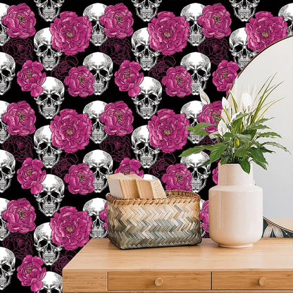 Floral Peel & Stick Wallpaper - Boho Removable Wallpaper for Bedroom & Bathroom - Black/Sand/Oliva - Easy Peel Off - Vintage - Renter Friendly - 118.1" X 17.7"