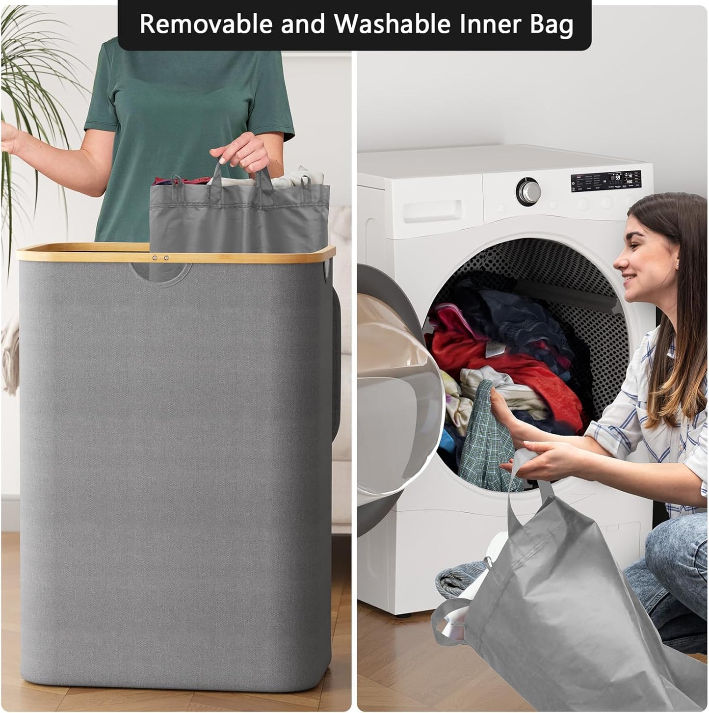SpaceAid Double Laundry Hamper 2 Section with Lid and Removable Laundry Bags, 160L Clothes Basket with Bamboo Handles, Large Collapsible Hamper for Bedroom, Bathroom, Dorm, Laundry Room - White