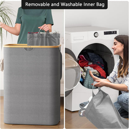 SpaceAid Double Laundry Hamper 2 Section with Lid and Removable Laundry Bags, 160L Clothes Basket with Bamboo Handles, Large Collapsible Hamper for Bedroom, Bathroom, Dorm, Laundry Room - White
