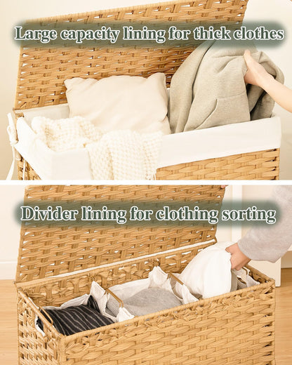 SETVSON Laundry Hamper with Lid Laundry Basket 132 L (35 Gal) Wicker Clothes Hamper, Handwoven Rattan Hamper with Handles and 4 Removable Liner Bags, 6 Mesh Bags for Laundry Bedroom Natural