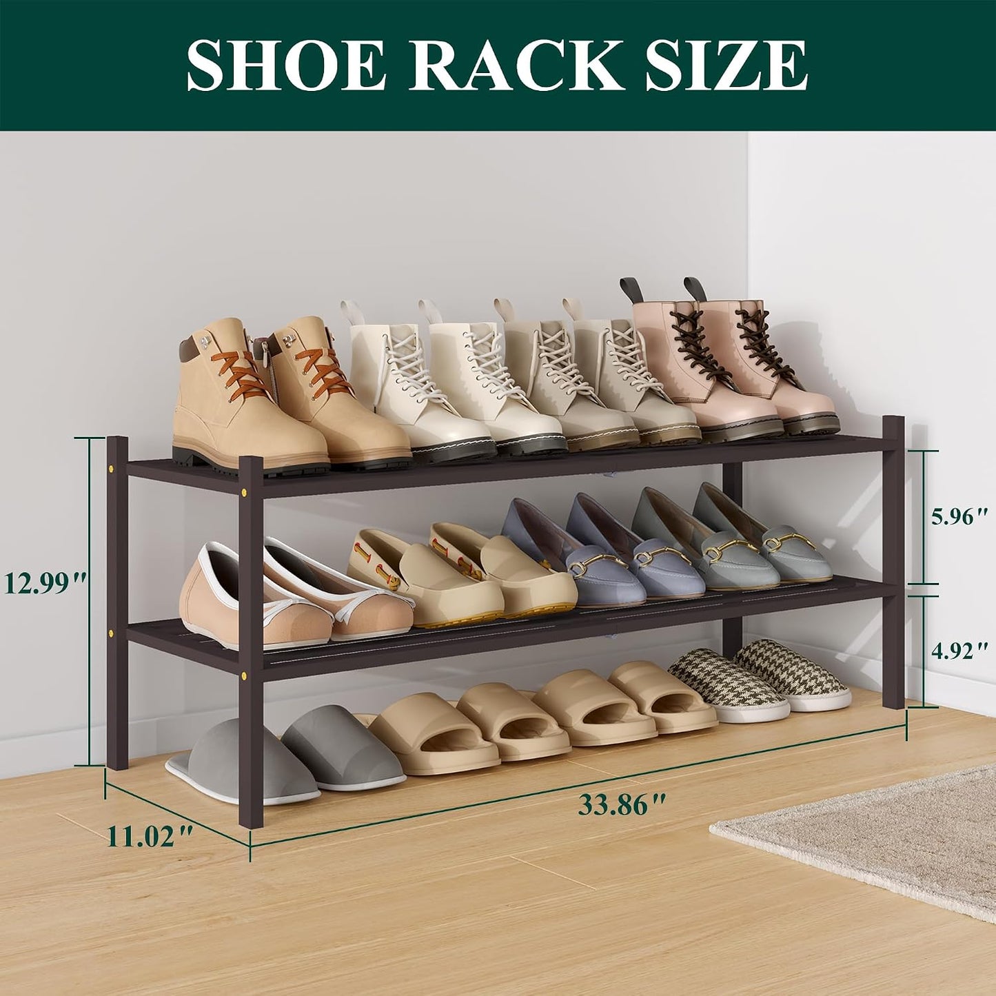 Smiry Bamboo Shoe Rack, 3 Tier Free Standing Wooden Shoe Organizer, Stackable Wood Shoe Storage Shelf for Closet, Entryway, 5 Horizontal Slats, 26.8"x11"x18.3", Natural