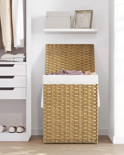 SONGMICS Laundry Hamper with Lid, 23.8 Gallon (90 L) Synthetic Rattan Clothes Laundry Basket with Lid and Handles, Foldable, Removable Liner, Chestnut Brown ULCB051K02