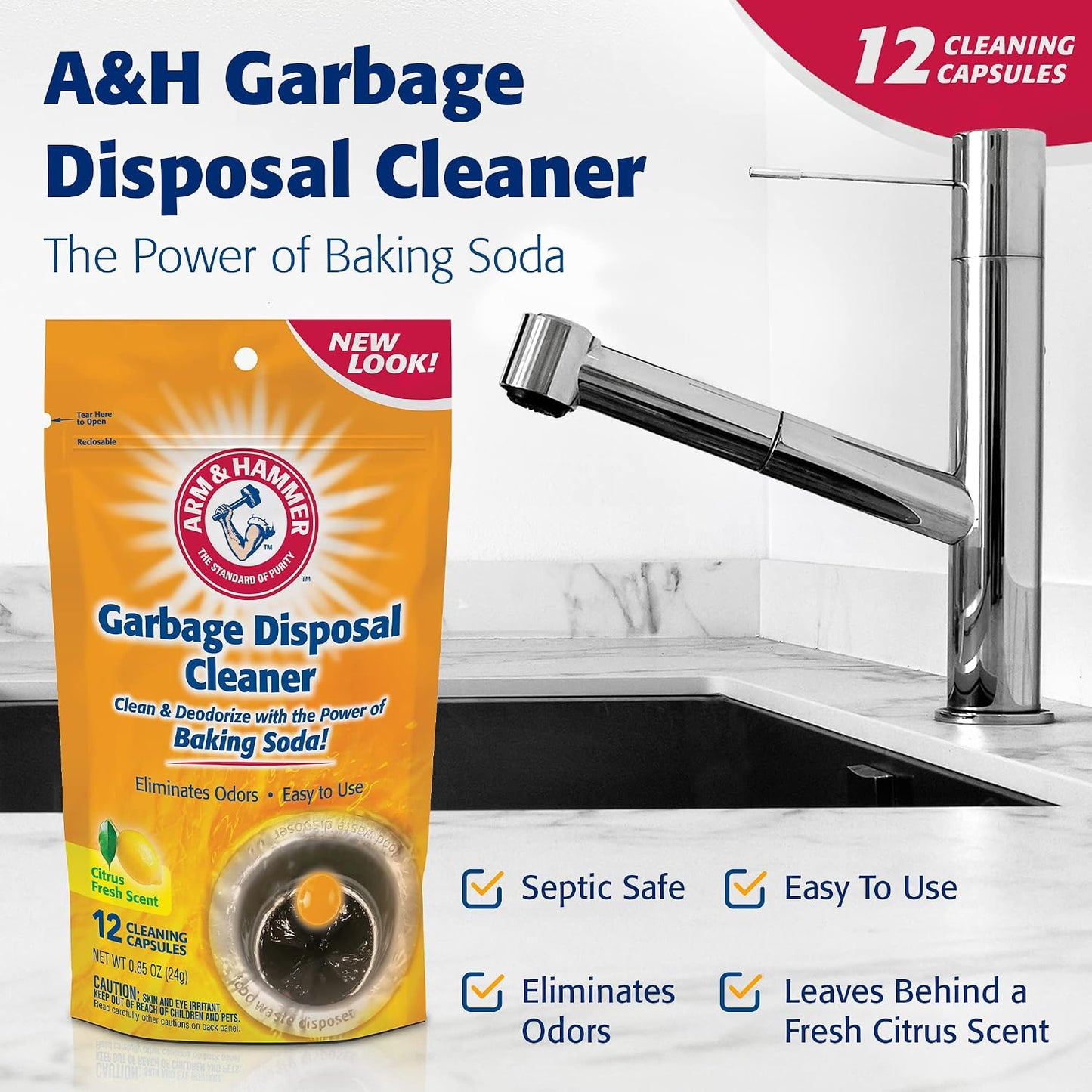 Arm & Hammer 12-Count Sink Garbage Disposal Cleaner, Freshener & Deodorizer Capsules Citrus Scent, with Power of Baking Soda