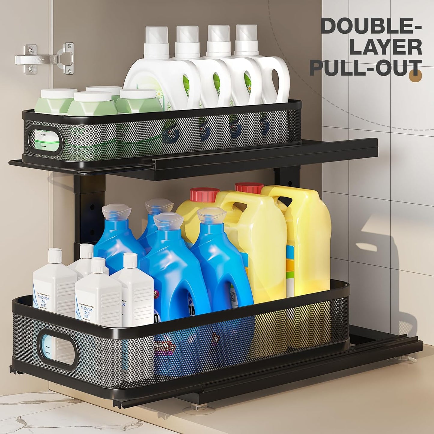 2 Pack 18.5IN-Depth Under Sink Organizer With Next-Gen Ball-Bearing Slides,2-Tier Precision Mesh Pull Out Cabinet Storage for Bathroom&Kitchen,Height Adjustable Drawers Shelf,Anti-rust-White