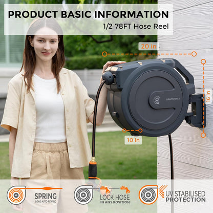 Giraffe Tools Retractable Garden Hose Reel 1/2 Inch x 130 ft, Super Heavy Duty, Any Length Lock, Slow Return System, Wall Mounted and 180 Deg Swivel Bracket