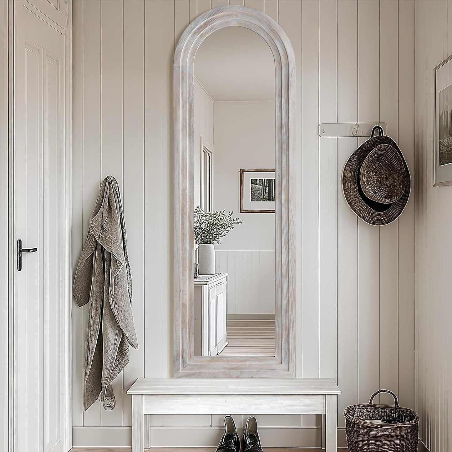 MELOMOIR Arched Full Length Mirror with Solid Wood Frame, 56"x21" Rustic Farmhouse Floor Mirror with Stand, Free Standing Leaning Hanging, for Bedroom Living Room Dressing Room Entryway, Brown