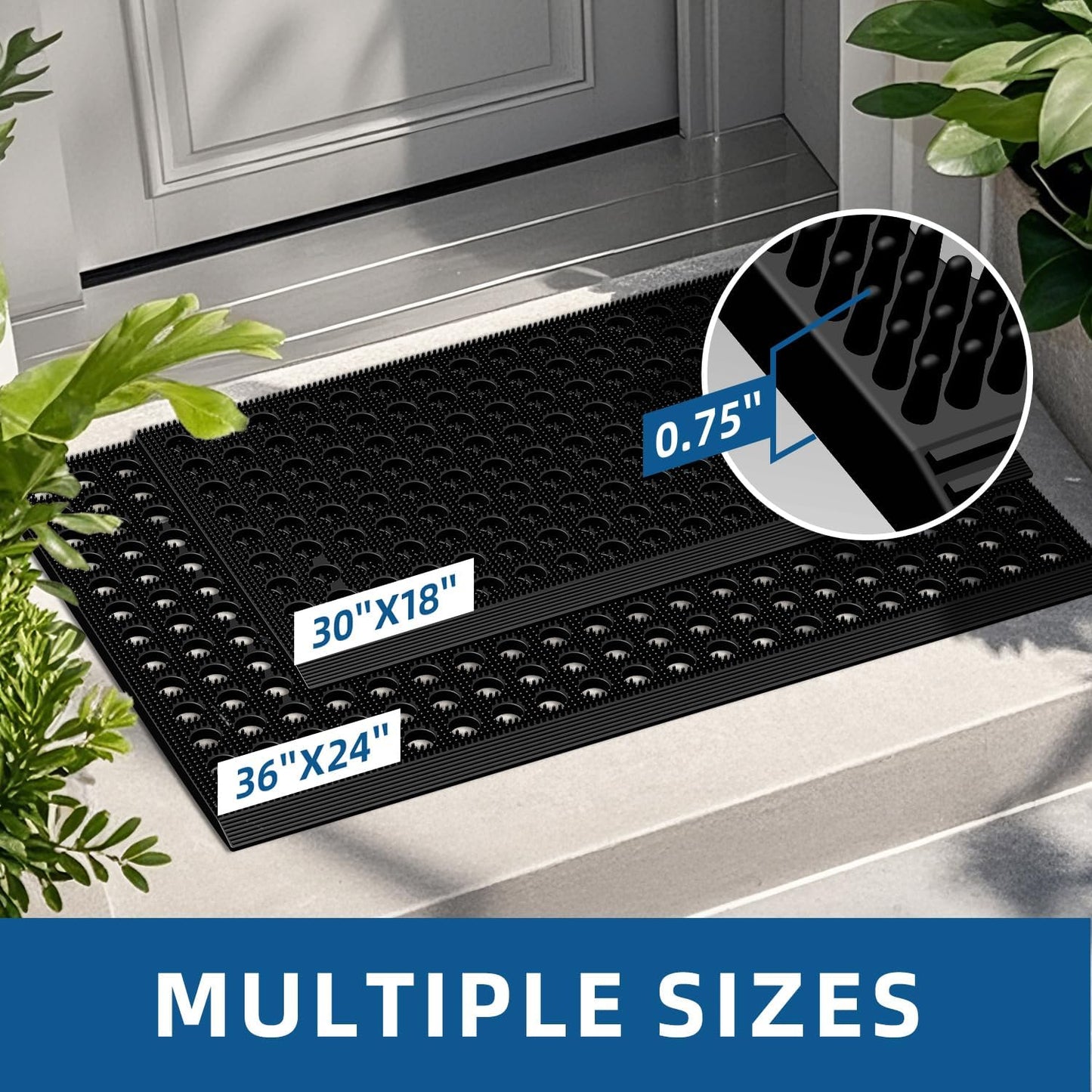 Mibao Front Door Mat Outside Entrance, Heavy Duty Welcome Rubber Doormat Waterproof, All Weather Dirt Trapper Non-Slip Drainage Doormat, Entry Mat for Garage Home Pool Commercial, 17" x 29.5", Black