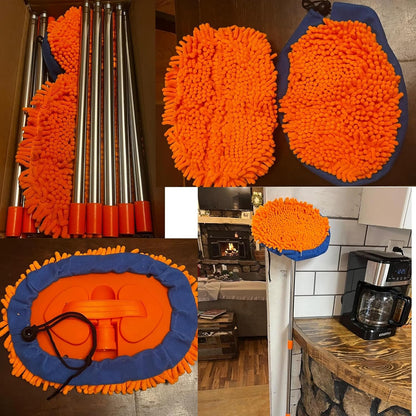 Wall Cleaner, Max 13 Ft+ Wall Mop with Long Handle, Ceiling Dust Mop with 15° Labor-Saving Elbow Extension Pole, Baseboard Duster Washer Scrubber, High Reach Window Cleaning Brush, Roof Cleaning Tool