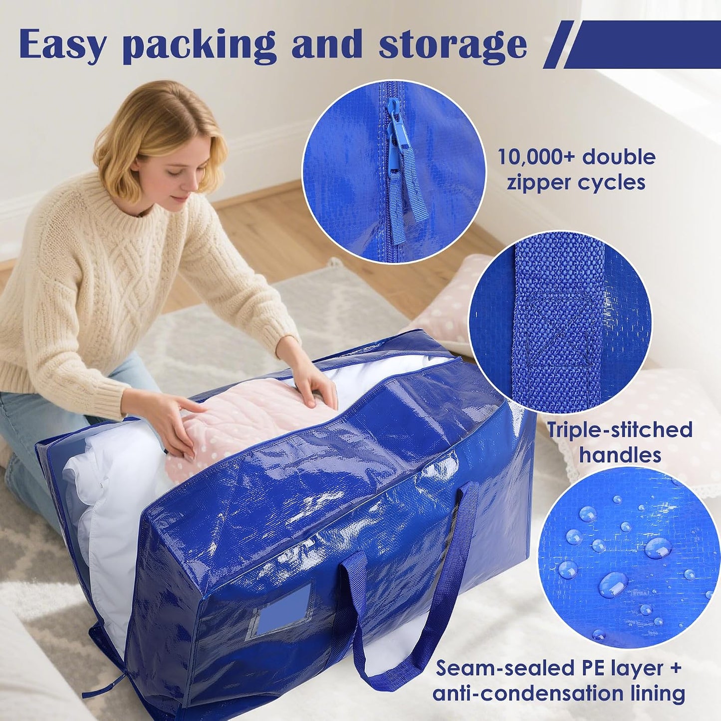 6 Pack Moving Bags Heavy Duty 210GSM with Full-Open Side Zipper, 93L 220lbs Waterproof Foldable Storage Totes for College Dorm Move-In, Moving Boxes Alternative & Home Organization, Blue