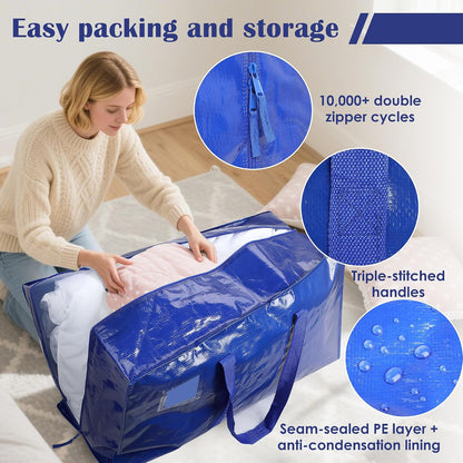 6 Pack Moving Bags Heavy Duty 210GSM with Full-Open Side Zipper, 93L 220lbs Waterproof Foldable Storage Totes for College Dorm Move-In, Moving Boxes Alternative & Home Organization, Blue