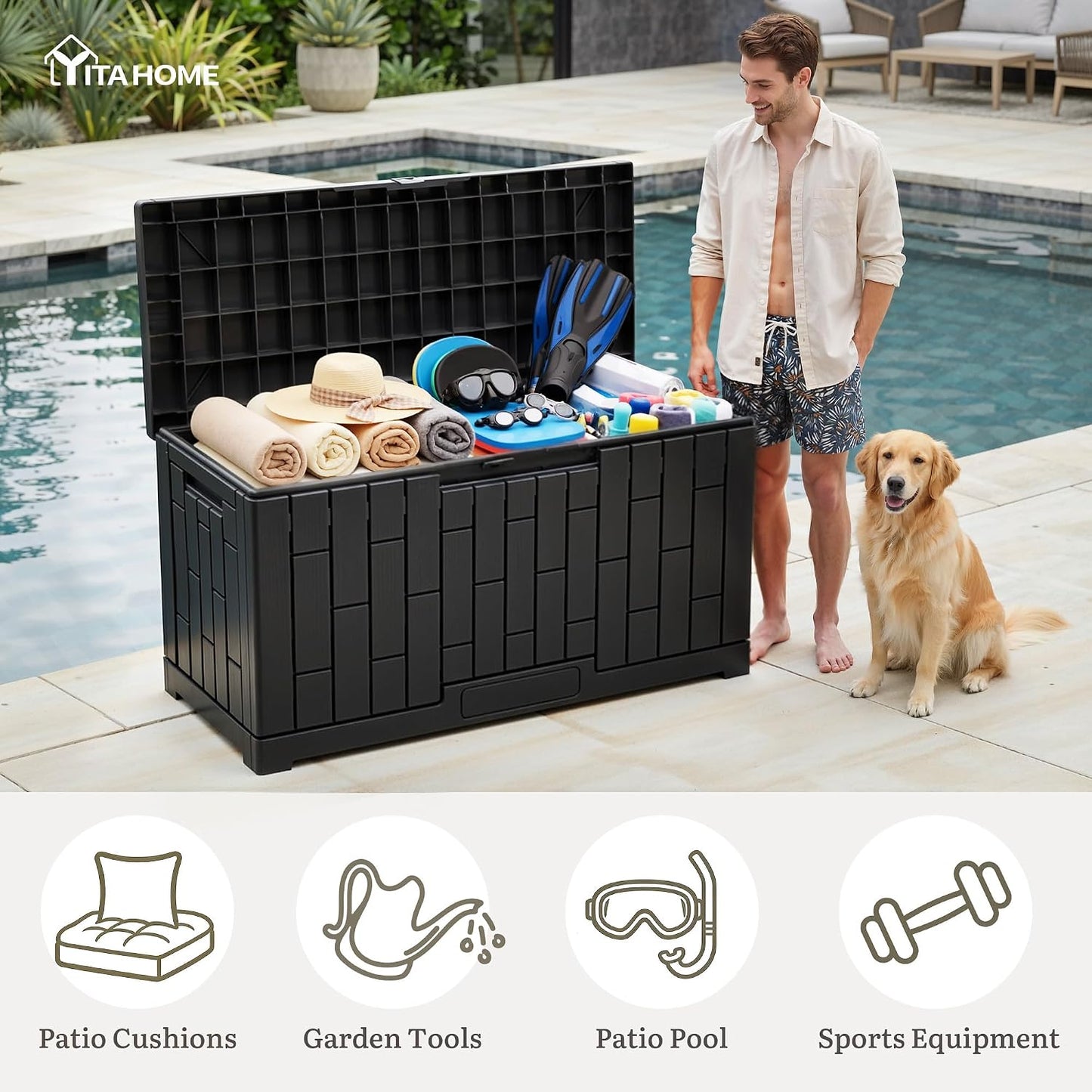 YITAHOME 100 Gallon Large Outdoor Deck Box | Waterproof Resin Storage Box, Lockable Indoor Outdoor Storage Container for Patio Furniture Cushions, Pool Accessories