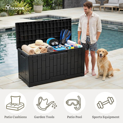 YITAHOME 100 Gallon Large Outdoor Deck Box | Waterproof Resin Storage Box, Lockable Indoor Outdoor Storage Container for Patio Furniture Cushions, Pool Accessories