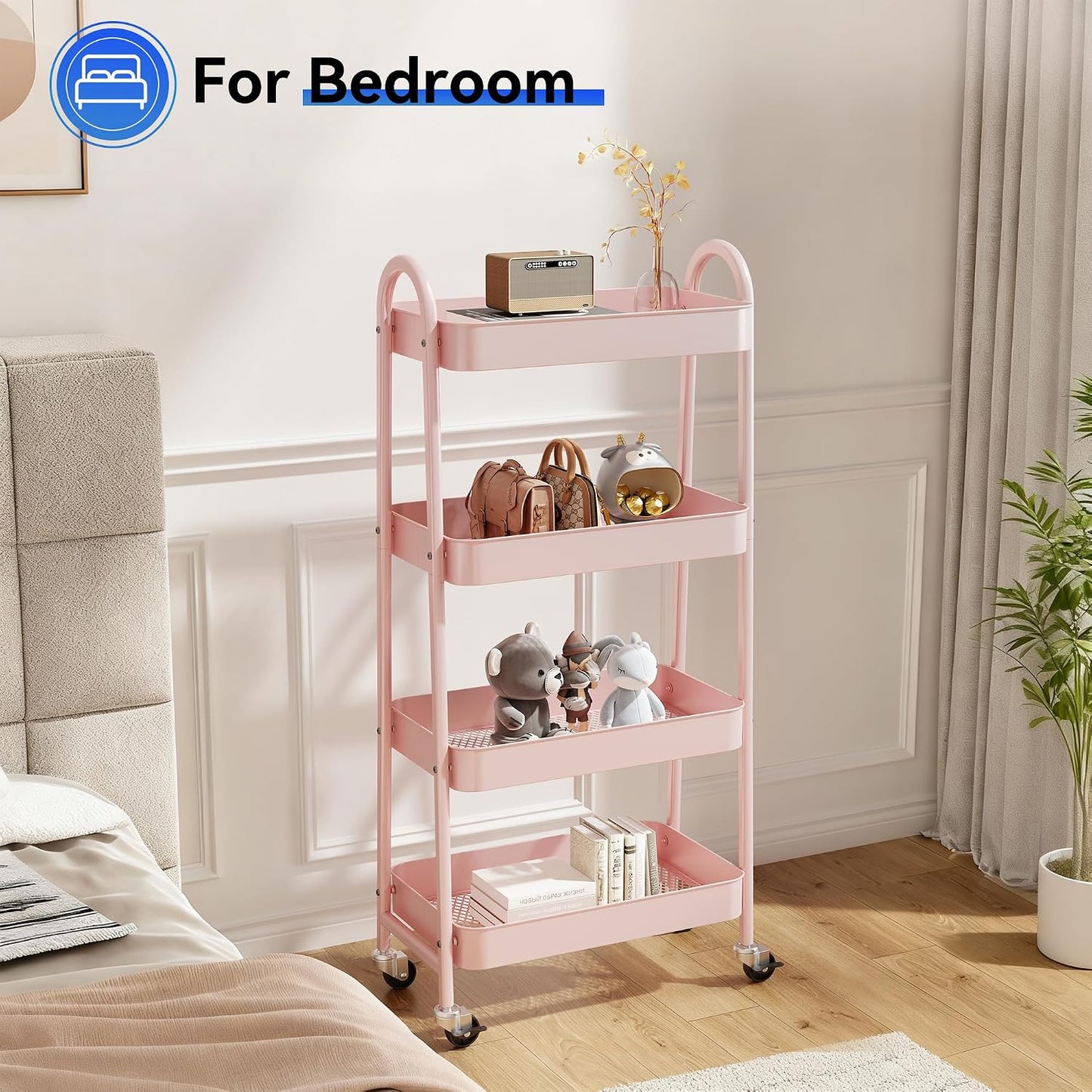 NEWBULIG 3-Tier Rolling Storage Cart, Metal Mobile Utility Organizer Shelf with Lockable Wheels, Space-Saving Freestanding Storage for Bathroom Living Room and Narrow Corner Spaces, Green