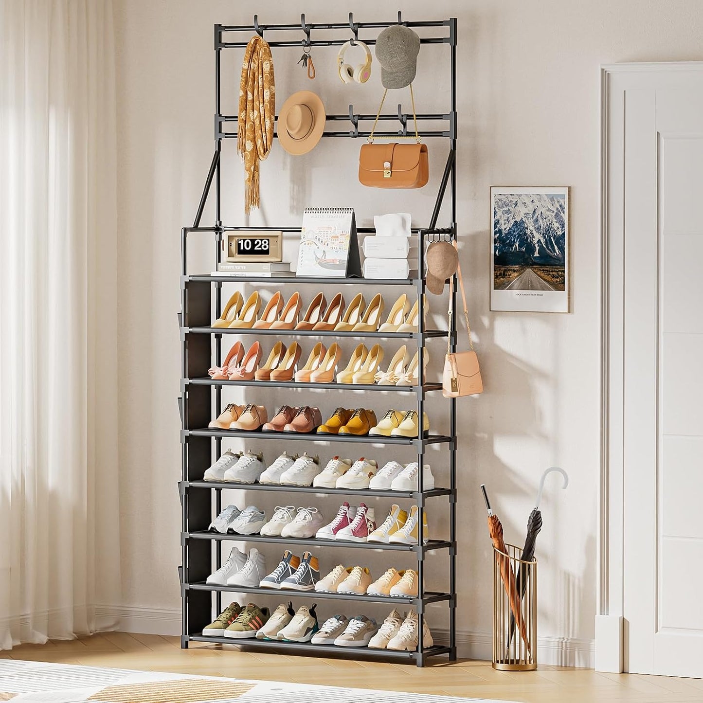 OYREL Shoe Rack, 5 Tier Shoes Storage Organizer, with Functional Hooks and Side Pocket, 20-25 Pairs, for Closet/Entrance/Entryway, Sneaker and Boot Stackable Free Standing Shoe Rack