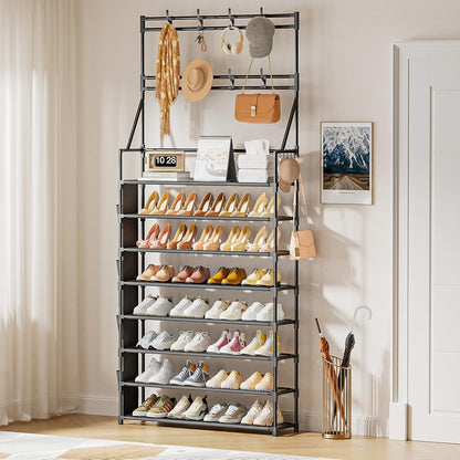 OYREL Shoe Rack, 5 Tier Shoes Storage Organizer, with Functional Hooks and Side Pocket, 20-25 Pairs, for Closet/Entrance/Entryway, Sneaker and Boot Stackable Free Standing Shoe Rack