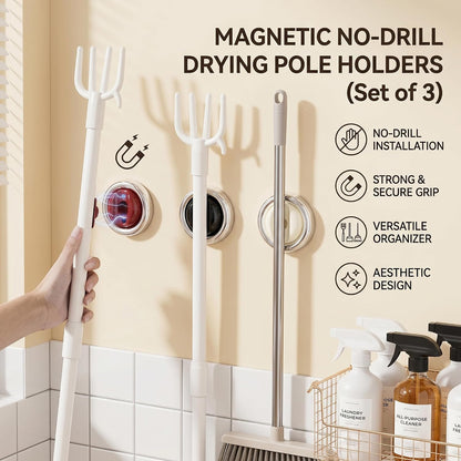 3Pcs Multi-Purpose Magnetic Drill-Free Wall Hooks, Clothes Drying Pole & Electric Toothbrush Storage Holder, Rust-Resistant Mop Organizer for Bathroom Balcony Laundry Room