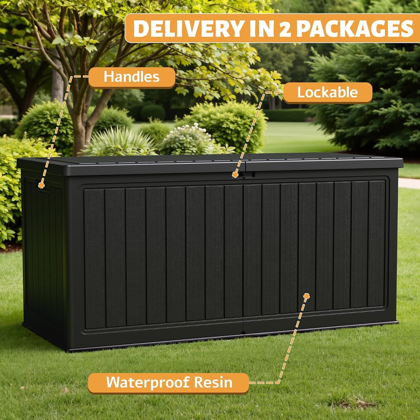 Flamaker Resin Deck Box 120 Gallon Waterproof Large Outdoor Indoor Storage Box Imitation Wood Resin for Patio Furniture Garden Tools and Pool (Black)