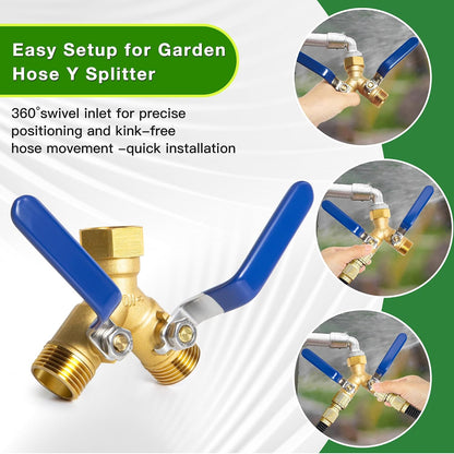 360° Swivel Garden Hose Splitter 2 Way, Solid Brass Water Hose Splitter with Dual Shutoff Valves, 3/4" GHT Thread Leak-Proof Hose Connector for Outdoor Faucet Lawn, Irrigation & Washing