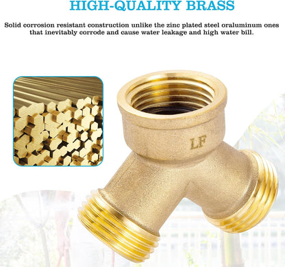 Solid Brass Lead-Free Body Backyard 2 Way Y Valve Garden Hose Connector MHT 3/4 Inch Thread Splitter Adapter,2 Silicone Hose Washers&1 Gasket with Screen&Teflon Tape