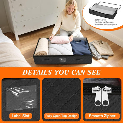 SpaceWhisper 90L Under Bed Storage Containers, 4-Pack Storage Bins with Clear Top, Foldable Closet Organizers and Storage with Label Holder for Clothing, Blankets, Comforter & Pillows (Grey)