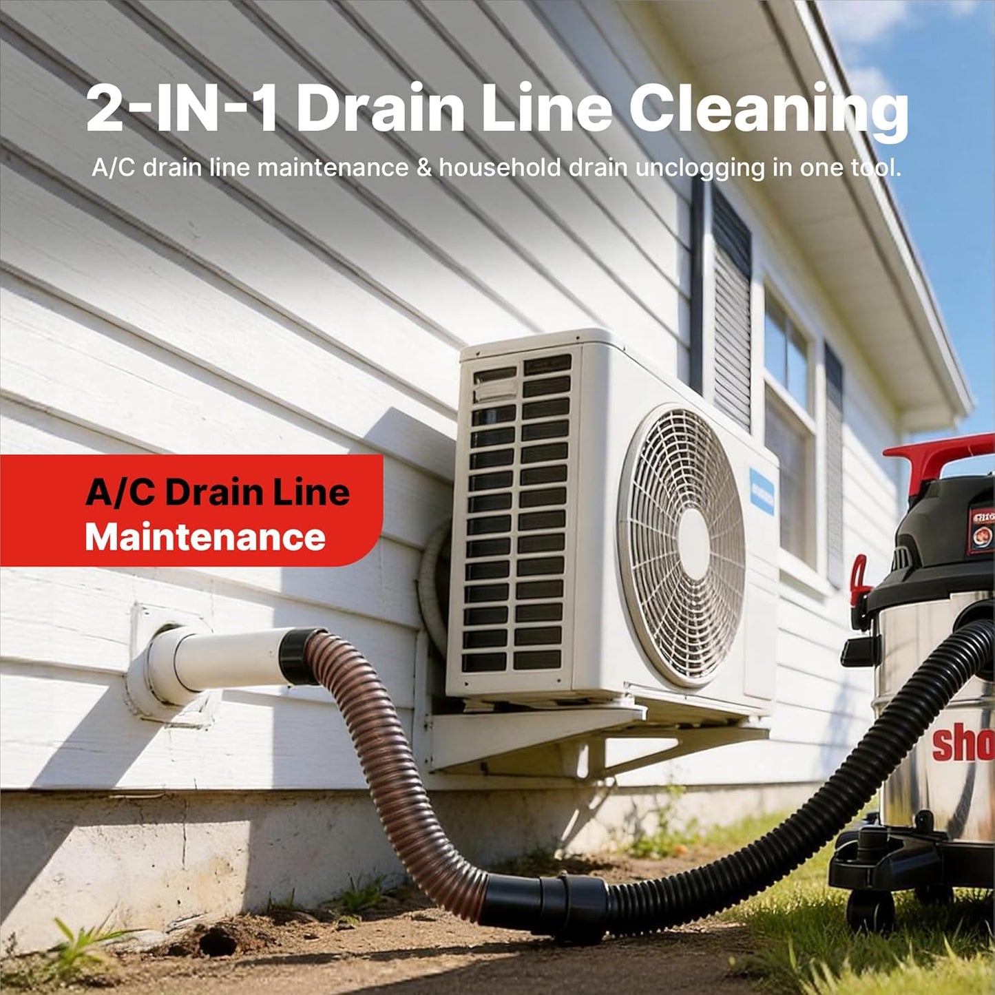 Shop-Vac 2-In-1 AC Drain Line Unclogger Tool, Universal Fit HVAC Drain Line Cleaner Adapter for Vacuums, Flexible & Durable Wet Vac Attachment with Clear Visibility for Sink, Floor Sewer, A/C Cleaning