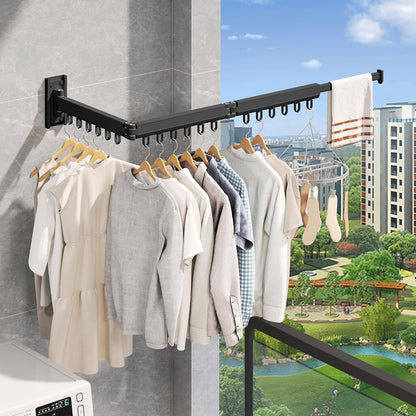 Wall Mounted Tri-Fold Clothes Drying Rack, Heavy Duty Collapsible Laundry Drying Rack, Space-Saving Retractable Foldable Drying Rack Clothes for Laundry Room Balcony Bathroom,Black-Hooks