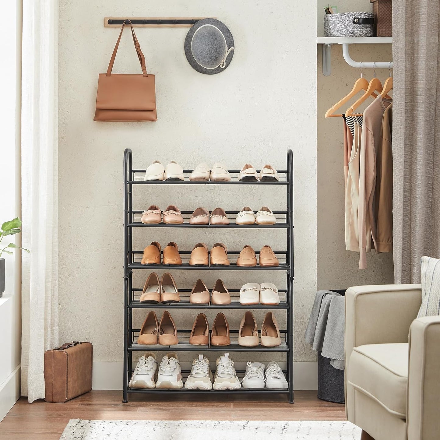 SONGMICS Stackable Shoe Rack, 4 Tier Metal Shoes Rack Storage Shelf, Holds up to 16 Pairs Shoes, Adjustable Slanted Shelves Shoe Tower Organizer for Closet Entryway Small Spaces, Black