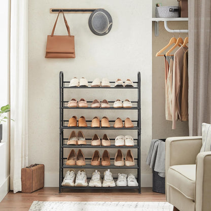 SONGMICS Stackable Shoe Rack, 4 Tier Metal Shoes Rack Storage Shelf, Holds up to 16 Pairs Shoes, Adjustable Slanted Shelves Shoe Tower Organizer for Closet Entryway Small Spaces, Black