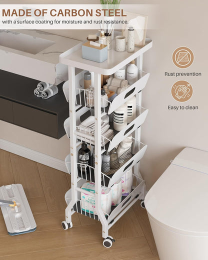 4 Tier Slim Fridge Side Cart with Slide Track Pull Out Baskets, Rolling Metal Kitchen Gap Storage Trolley