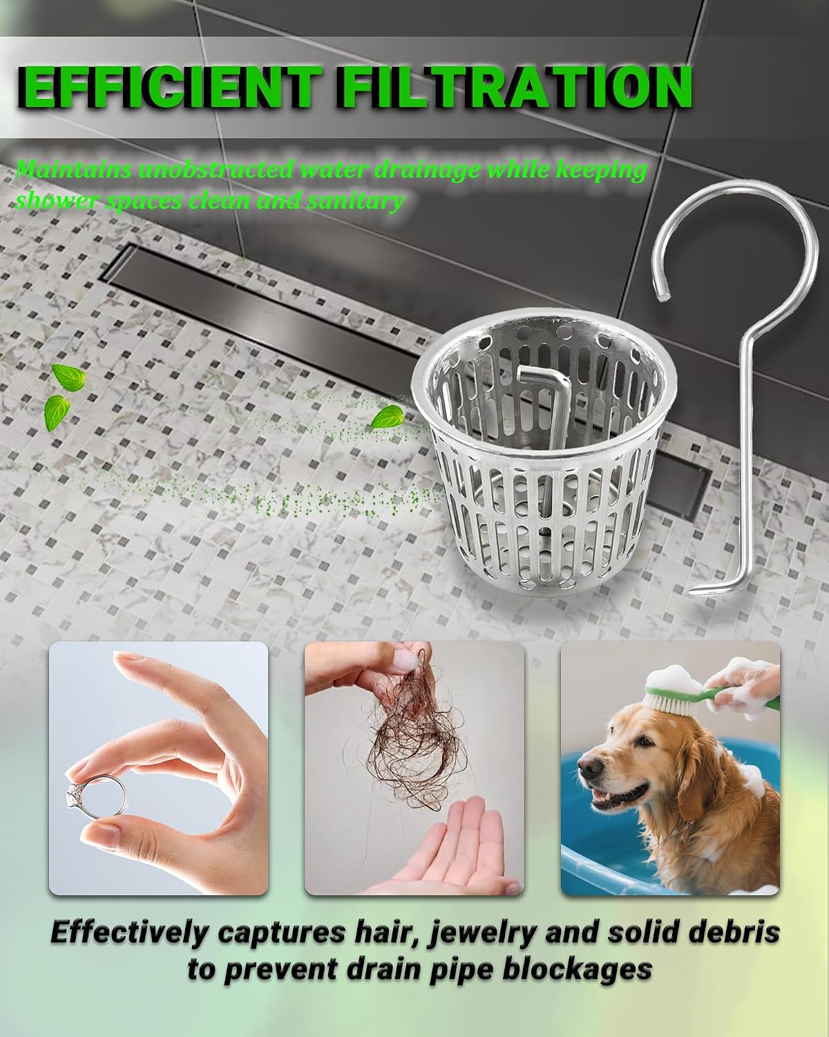 2 Pcs Shower Drain Strainer Hair Catcher, 304 Stainless Steel Drain Strainer Compatible with Oatey Designline Linear & Square Shower Drains with Drain Grate Lifting Key, Vertical Hook Style