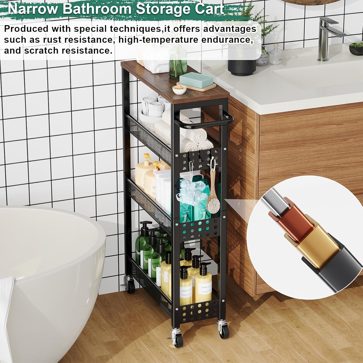 Utility Slim Storage Cart, 4-Tier Narrow Bathroom Organizers and Storage Cart, Narrow Metal Kitchen Laundry Room Organization Shelf with Wood Top, Slim Rolling Carts with Wheels for Small Space