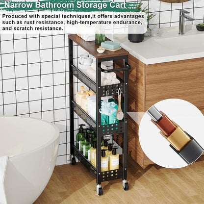 Utility Slim Storage Cart, 4-Tier Narrow Bathroom Organizers and Storage Cart, Narrow Metal Kitchen Laundry Room Organization Shelf with Wood Top, Slim Rolling Carts with Wheels for Small Space
