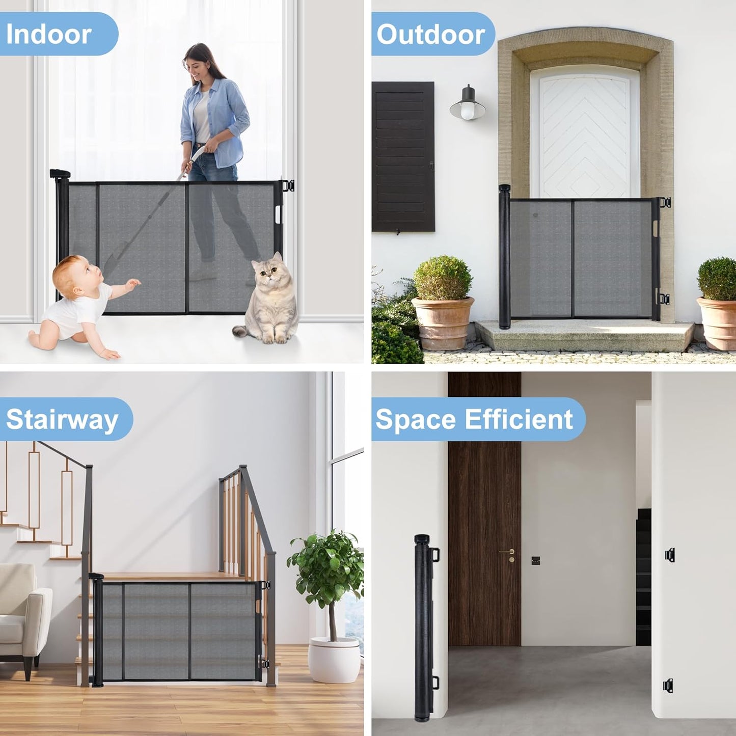 55 inches Retractable Baby Gate, 34 inches Tall Extra Wide Pet Gate for Stairs, Hallways and Doorways, Indoor Outdoor Safety Gate for Toddlers & Small Dogs, Black