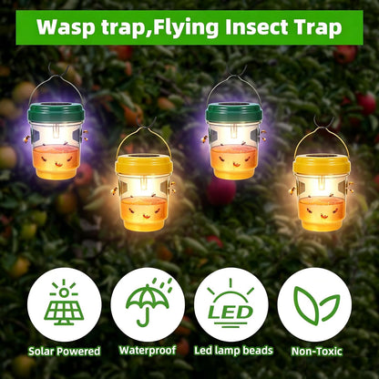 4 Pack Solar Wasp Trap Outdoor Hanging Wasp Trap Catcher Yellowjacket Trap Hornet Wasps Killer with UV LED Light Reusable Carpenter Bee Traps for Outside, Garden, Backyard, and Orchard