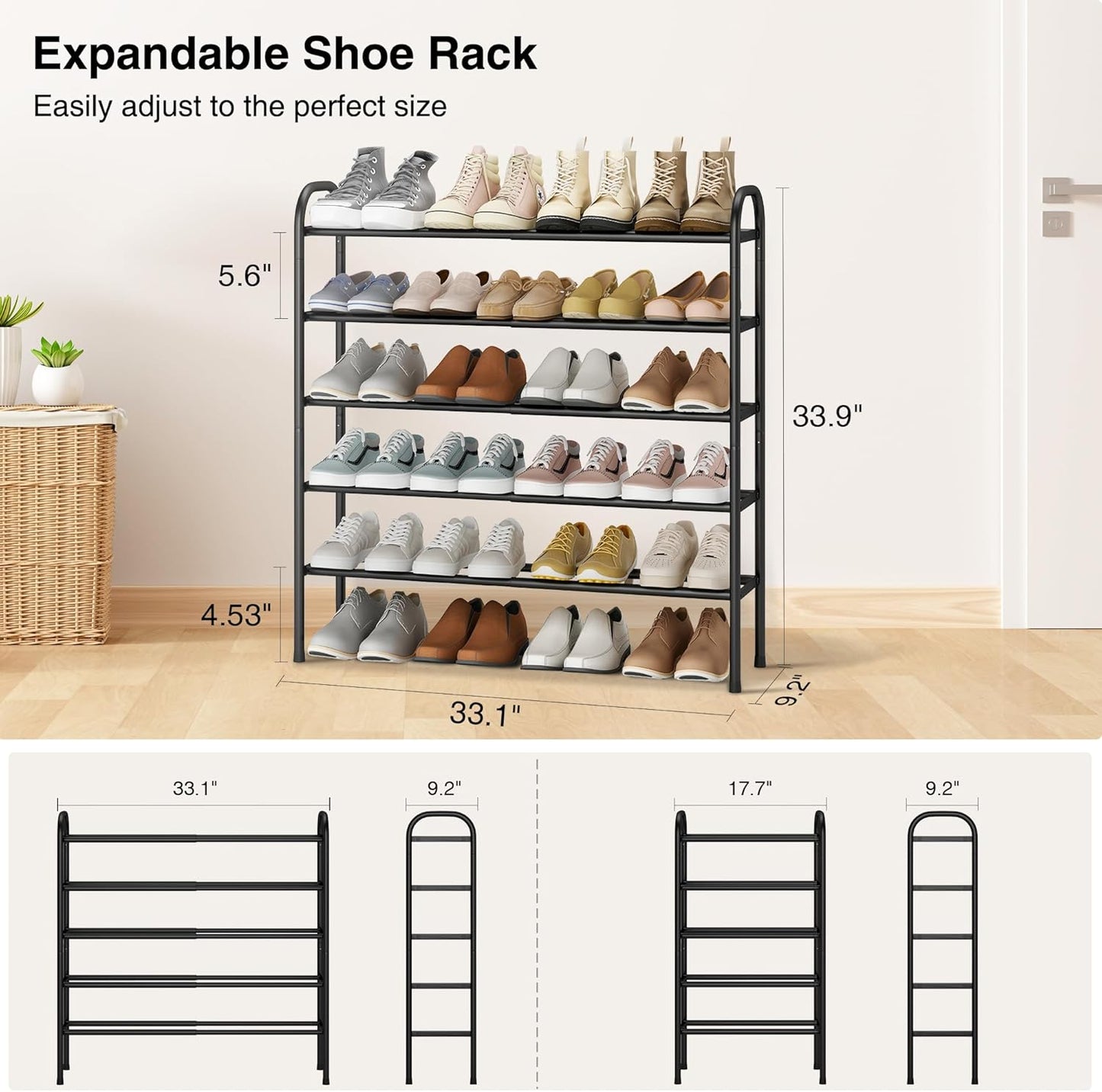 STO STO Expandable Shoe Rack, 3-Tier Metal Small Shoe Rack for Closet, Up to 16 Pairs Adjustable Shoes Racks Storage for Front Door Entrance, Free Standing Shoes Rack Organizer for Entryway, Black