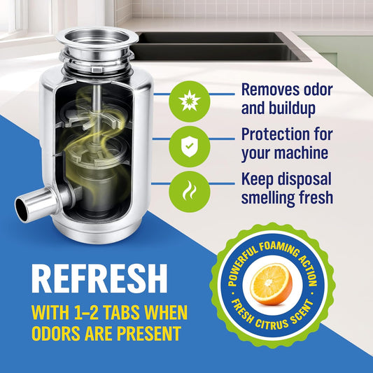 WoldoClean Garbage Disposal Cleaner and Deodorizer Tablets - 24 Pack, Foaming Sink Drain Cleaner & Odor Eliminator, Fresh Citrus Scent, 1 Year Kitchen Cleaning Supply