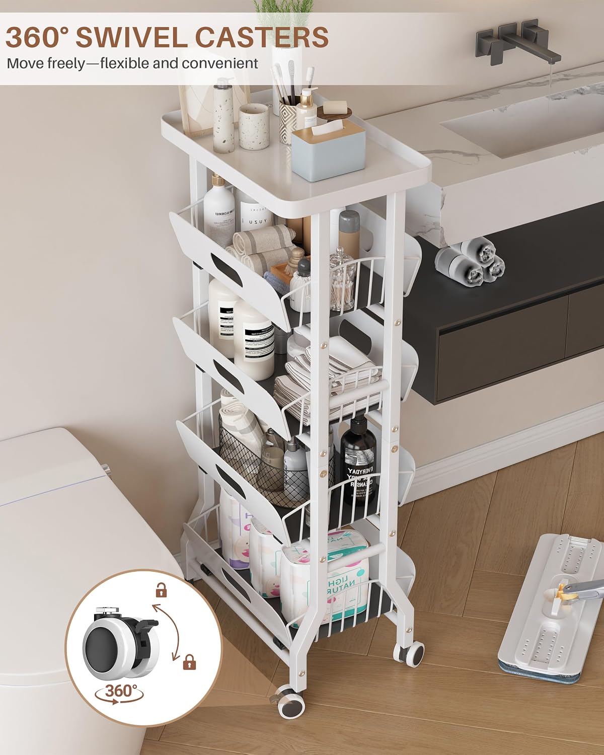 4 Tier Slim Fridge Side Cart with Slide Track Pull Out Baskets, Rolling Metal Kitchen Gap Storage Trolley