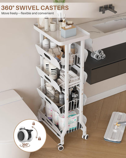 4 Tier Slim Fridge Side Cart with Slide Track Pull Out Baskets, Rolling Metal Kitchen Gap Storage Trolley