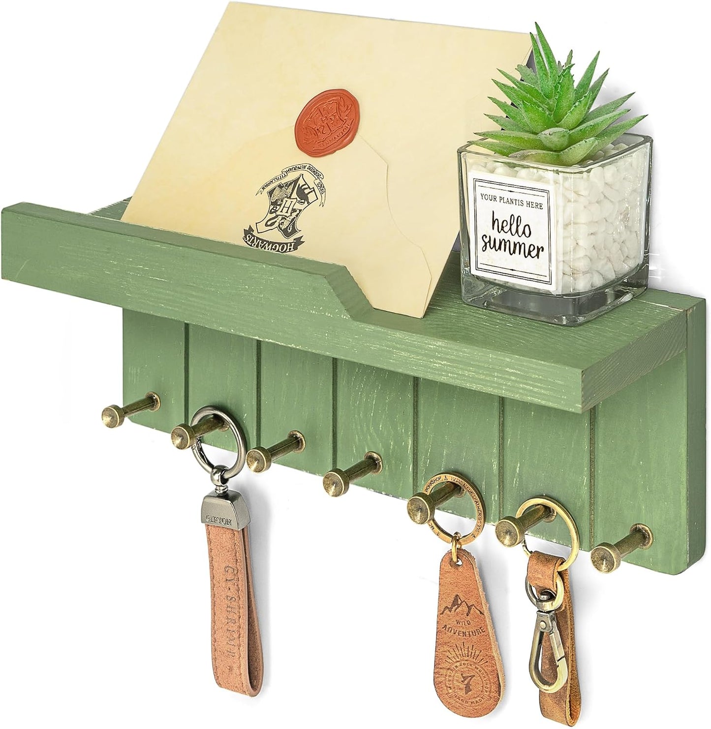Rebee Vision Small Key Holder Wall Mount for Farmhouse Decor - Key and Mail Holder for Wall with Shelf and 4 Key Hooks - Room Decor Aesthetic (Distressed Blue)