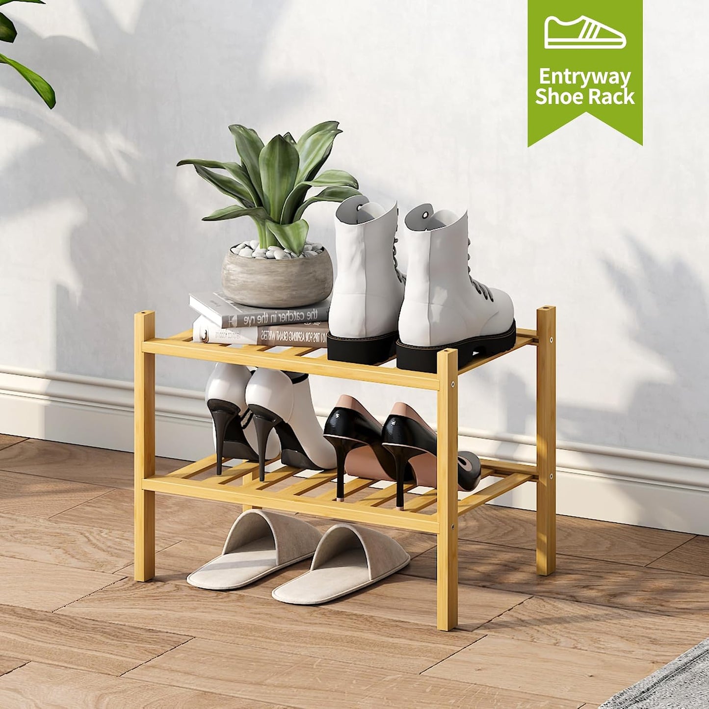 BMOSU 2-Tier Bamboo Small Shoe Rack Premium Stackable Shoe Shelf Storage Organizer for Hallway Closet Living Room Entryway Organizer (Black Bamboo)