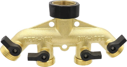 LBY 4 Way Brass Hose Splitter, 3/4" Hose Faucet Manifold, Garden Hose Connector, Tap Splitter, Solid Brass (Golden Yellow)