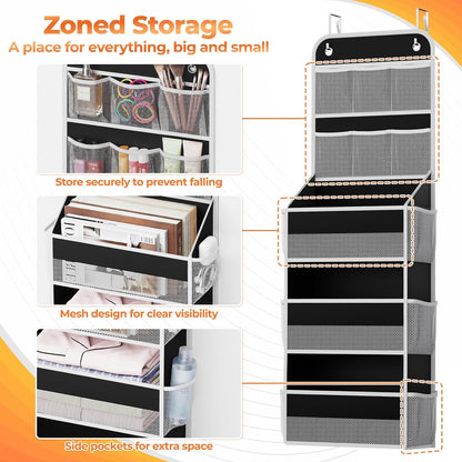 SpaceHacks 5-Tier Over the Door Organizer with Mesh Pockets, Baby Nursery Storage for Closet, Bathroom and Bedroom, Adjustable Hanging Closet Organizer for Cosmetics, Books and Essentials (Dark Grey)