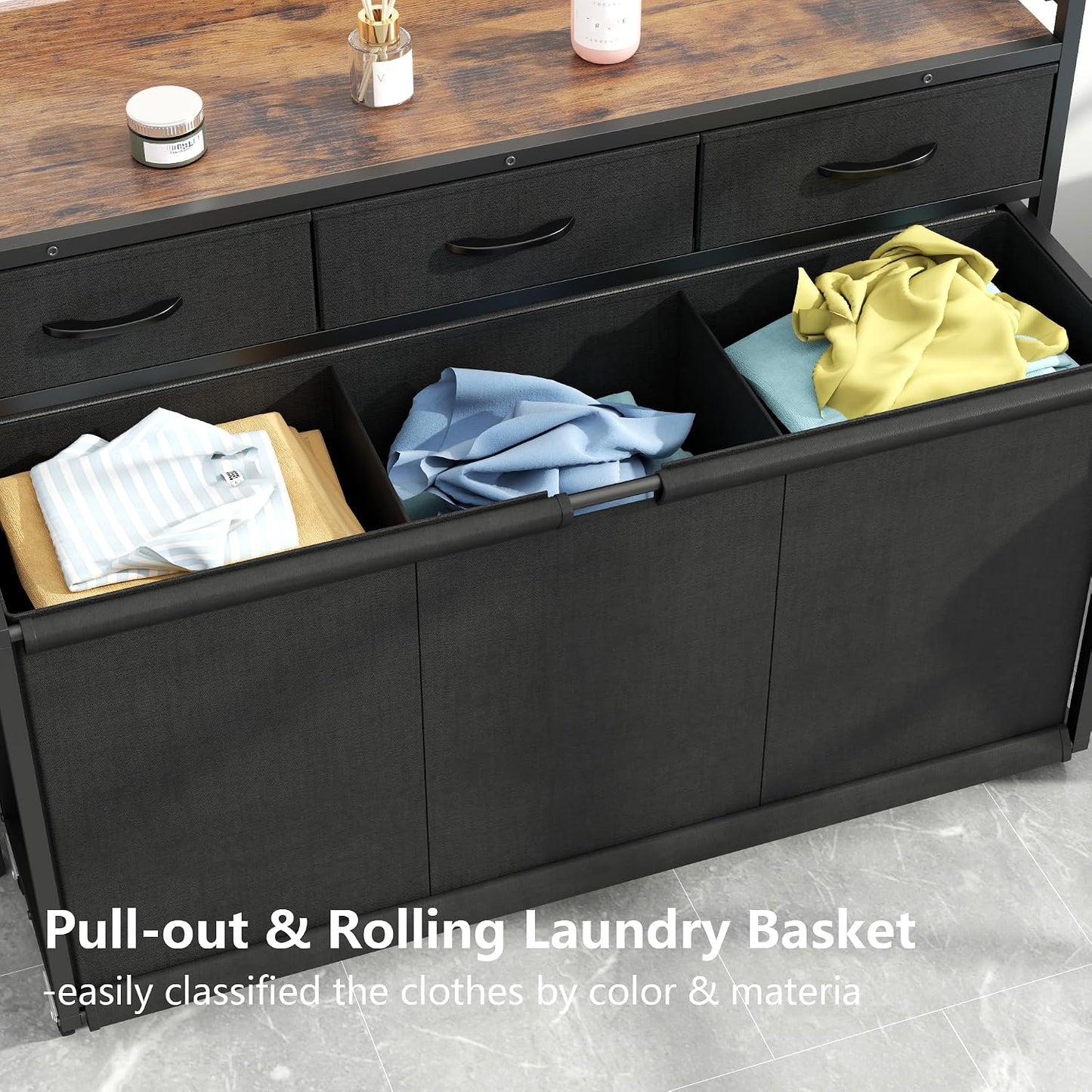 STIKELY Laundry Hamper Laundry Basket with 3 Section Pull-Out Rolling Bags, Laundry Sorter for Organization and Storage with 2 Pull-Out Drawers for Laundry Room, Bathroom, Bedroom Use (Rustic Brown)