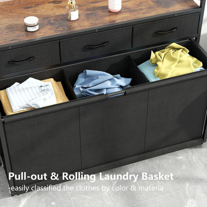 STIKELY Laundry Hamper Laundry Basket with 3 Section Pull-Out Rolling Bags, Laundry Sorter for Organization and Storage with 2 Pull-Out Drawers for Laundry Room, Bathroom, Bedroom Use (Rustic Brown)
