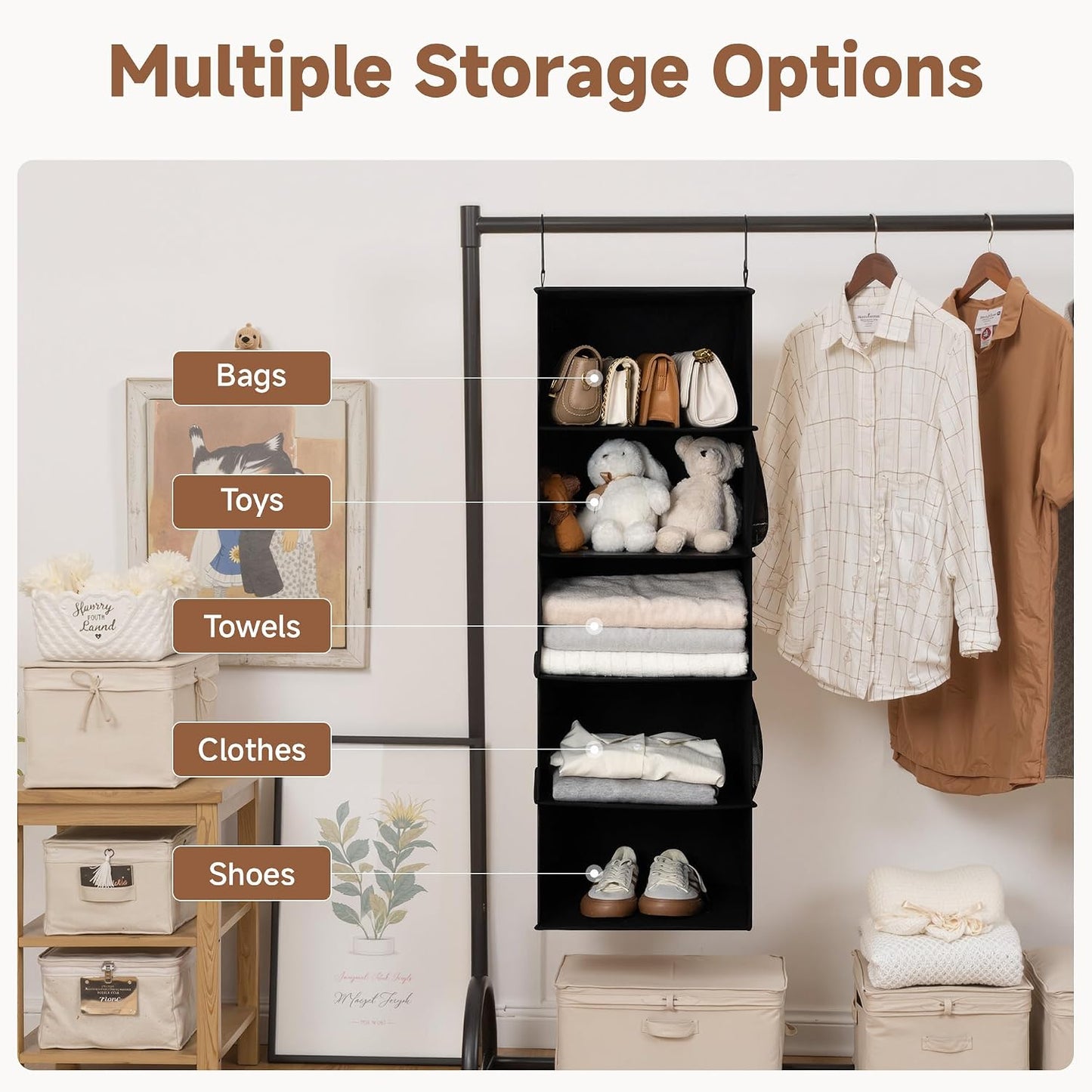 StorageWorks 6-Shelf Hanging Closet Organizer, Hanging Shelves for Closet, Fabric, Mixing of Beige, White & Ivory, 12" D x 12" W x 47 1⁄2" H