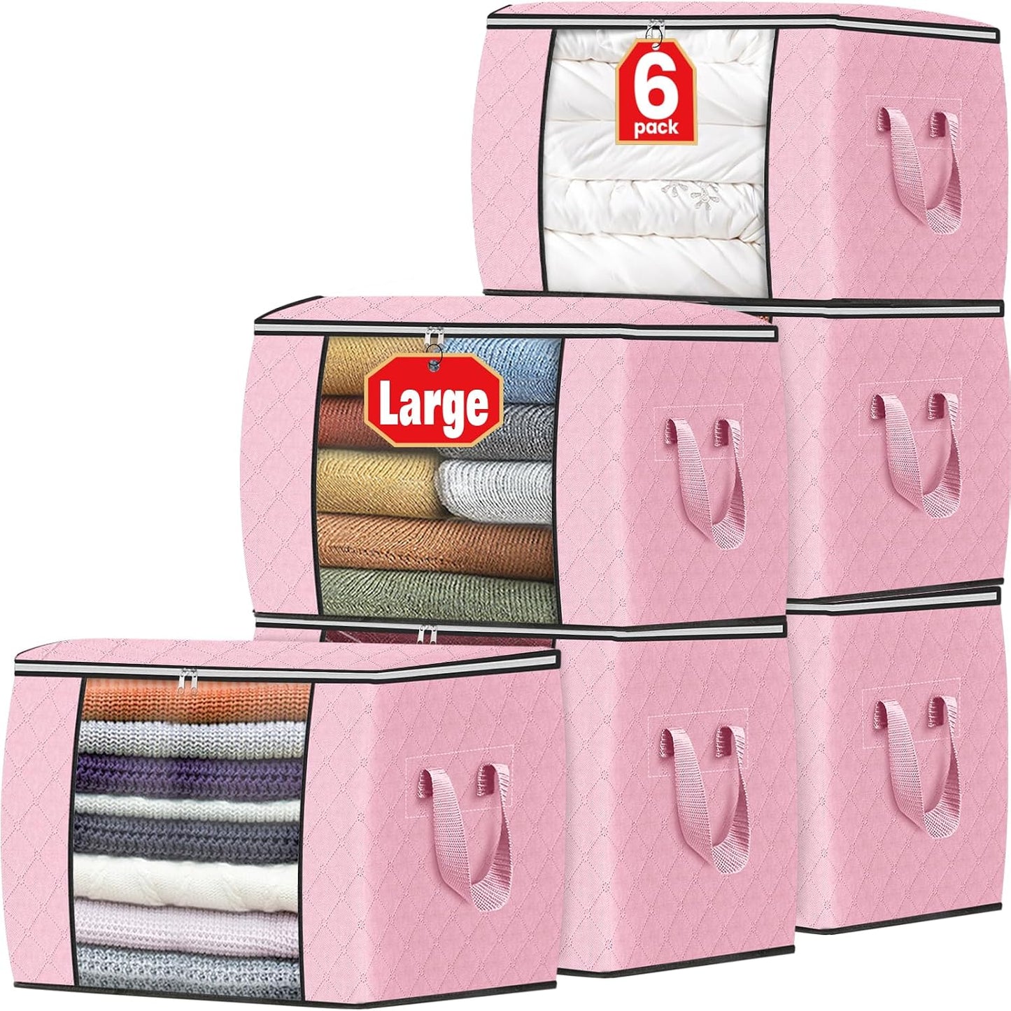 Fab totes 6 Pack Storage Bags for Clothes and Blanket, Foldable Closet Organizers and Storage with Zippers, Clear Window and Handles, Fabric Storage Bins for Sweater, Comforter, Bedding,Linen Sheets
